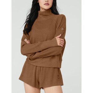 ALO Yoga Waffle Weekend Escape Mock Neck Long Sleeve Cinnamon Brown Size XS